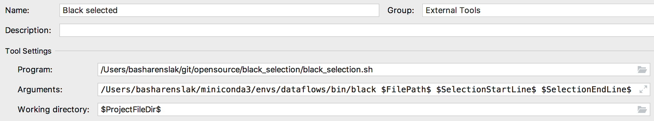 Black PyCharm configuration for selection